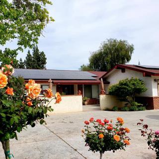 A quaint house with a garden full of blooming flowers and solar panels on the roof.