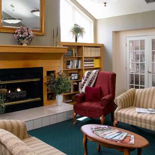 A cozy living room with a fireplace, comfortable seating, and a well-stocked bookshelf.