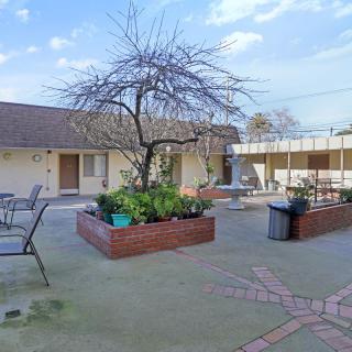 A peaceful courtyard with seating areas and planters on a clear day.