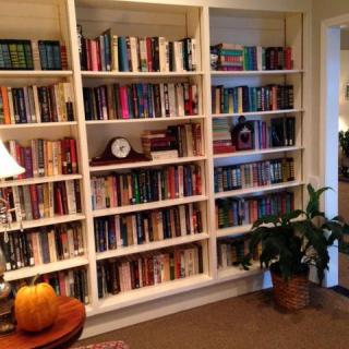 A cozy living room with a large bookshelf filled with books and a plant nearby.