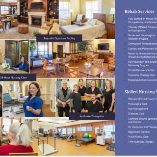 Image showcasing various amenities and services offered in a retirement home, including living areas, dining facilities, and nursing care.