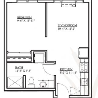 A floor plan of a one-bedroom apartment with designated kitchen, living room, and bathroom areas.