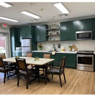 A modern kitchen and dining area featuring green cabinets, a wooden table with chairs, stainless steel appliances, and wood flooring.