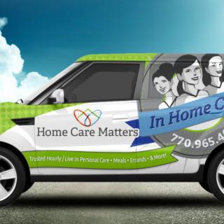 A vehicle wrapped with an advertisement for home care services.