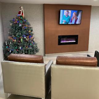 A cozy living room featuring a beautifully decorated Christmas tree, a modern fireplace, and comfortable seating.