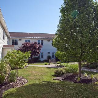A landscaped garden area with trees and bushes in front of a building.