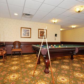 A cozy billiard room featuring a pool table and cues with elegant seating.