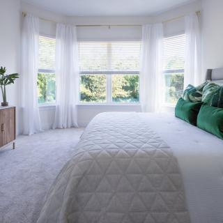 A bright and modern bedroom with green accents and ample natural light.