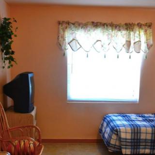 A cozy bedroom with a single bed, TV, and a window with decorative curtains.