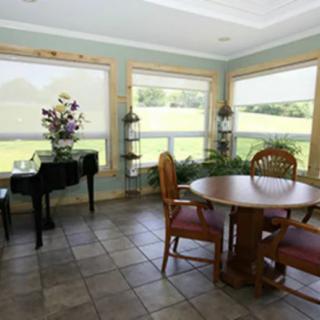 A sunlit room featuring a round wooden table with chairs, surrounded by large windows and decorated with plants.