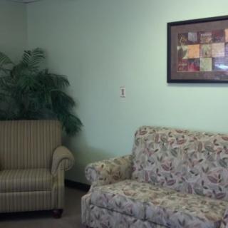 A cozy living room with a floral sofa, striped armchair, indoor plant, and framed wall art.