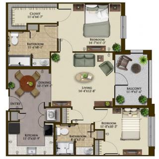 An apartment floor plan showing two bedrooms, a living room, kitchen, dining area, bathroom, and balcony.