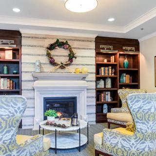 A cozy living room with a fireplace, surrounded by bookshelves and comfortable armchairs.