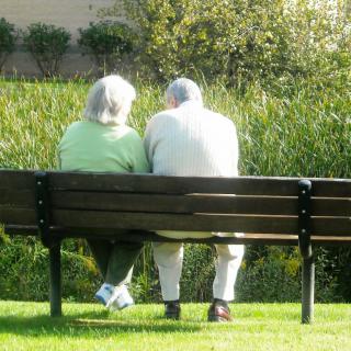 An elderly couple sitting together on a bench in a park, enjoying the outdoors.