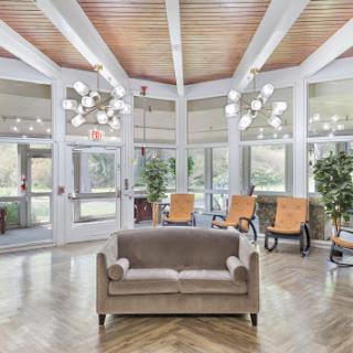 A bright and airy living space featuring a stylish sofa, elegant lighting, and greenery.