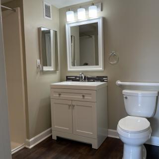 A modern bathroom with a vanity, mirror, and toilet.