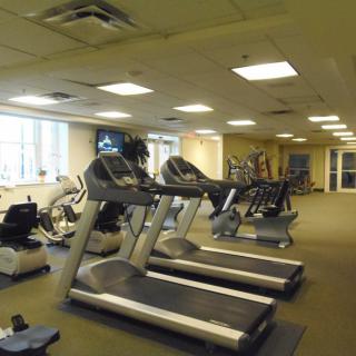 A spacious gym with treadmills and various exercise equipment.