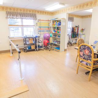 A bright rehabilitation room equipped with physical therapy tools such as parallel bars and exercise balls.