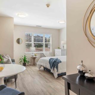 A modern and bright bedroom with stylish decor, featuring a comfortable bed, plants, and ample natural light.