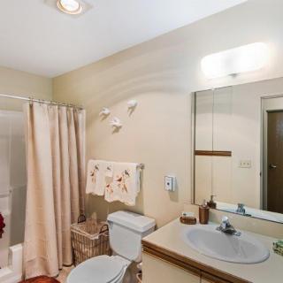 A cozy bathroom featuring a sink, toilet, mirror, and shower area with a curtain.