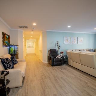 A modern living room with comfortable seating, wood flooring, and stylish decor.
