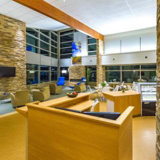 A contemporary lobby featuring a blend of wooden and stone elements, large windows allowing natural light, and comfortable seating arrangements.