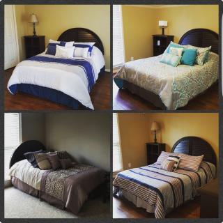 A collage of four bedroom setups showcasing different styles and bedding arrangements.