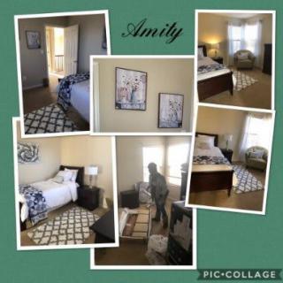Collage of a well-decorated bedroom with stylish furniture and artwork.