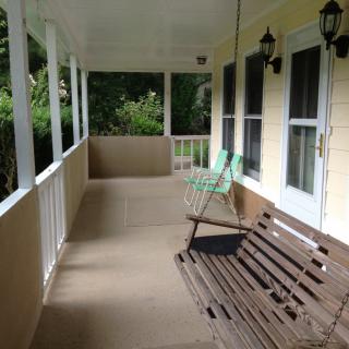 A cozy porch with a swing and chair, surrounded by greenery.