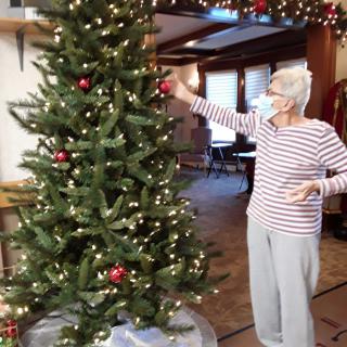 A person decorates a Christmas tree indoors with red ornaments and lights.