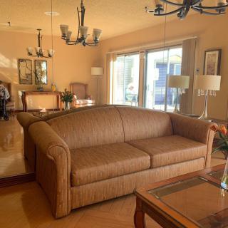 A cozy living room featuring a brown sofa, elegant chandeliers, and large windows allowing natural light.