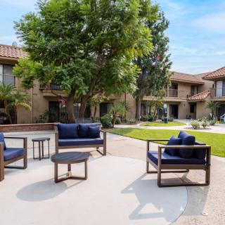A cozy outdoor courtyard with comfortable seating surrounded by greenery.