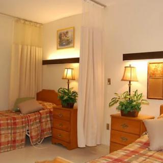 A cozy bedroom with two twin beds, each adorned with plaid bedding and accompanied by wooden nightstands featuring decorative lamps and potted plants.