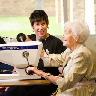 An elderly woman engages in physical therapy with assistance from a healthcare professional.