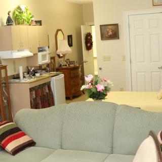 A cozy apartment living room with a view of the kitchen, featuring a sofa and a table centerpiece of flowers.