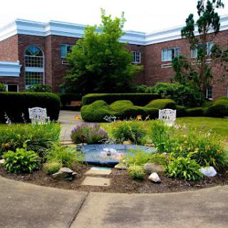A serene garden featuring a water feature, surrounded by lush greenery and blooming flowers, set against a modern brick building.