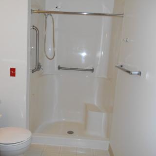 An accessible bathroom with a shower and grab bars for support.