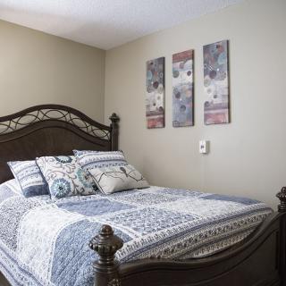 A cozy bedroom with a decorative bed and wall art.