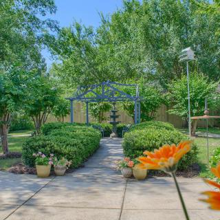 Beautiful garden with a paved pathway surrounded by lush greenery and vibrant flowers.