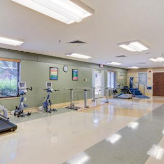 A well-equipped rehabilitation gym featuring various exercise machines and a clean, spacious environment.