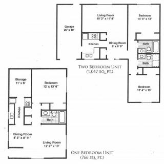 This image shows the layout of one-bedroom and two-bedroom apartment units with specified dimensions.