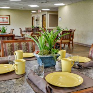 A dining room with a neatly set table featuring yellow plates, cups, and a plant centerpiece.