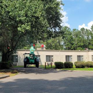 Workers using a lift to work on the roof of a building, surrounded by trees under a clear blue sky.