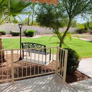 A serene garden view with a bench and pathway, surrounded by grass and palm trees.