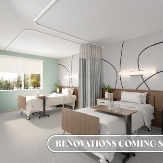 A modern patient room design with upcoming renovations to enhance comfort and functionality.