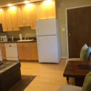 Open-concept kitchen and living area in an apartment with wood cabinetry and modern appliances.