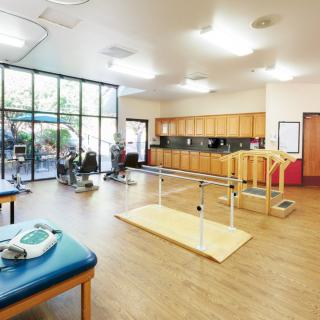A well-equipped physical therapy and rehabilitation room with exercise equipment and parallel bars.