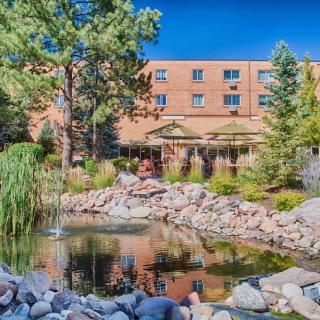 A serene landscape featuring a pond surrounded by rocks and trees, set against the backdrop of a multi-story building.