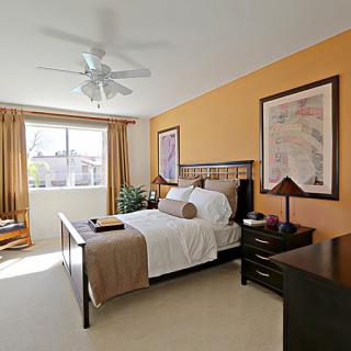 A cozy and modern bedroom with warm colors and stylish decor.