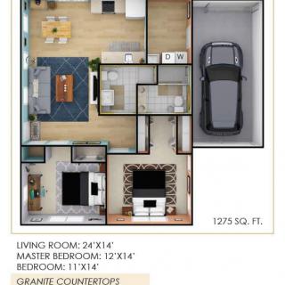 A detailed floor plan of a house showing the layout and dimensions of various rooms, including living room, master bedroom, and additional bedroom, with a total area of 1235 square feet.